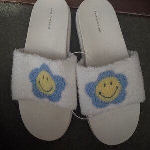 American Eagle Fuzzy Slide Sandals with Smiley Face